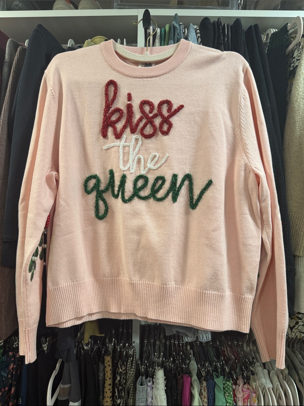 QUEEN OF SPARKLES Pink Crewneck Sweater with Red, White & Green Script